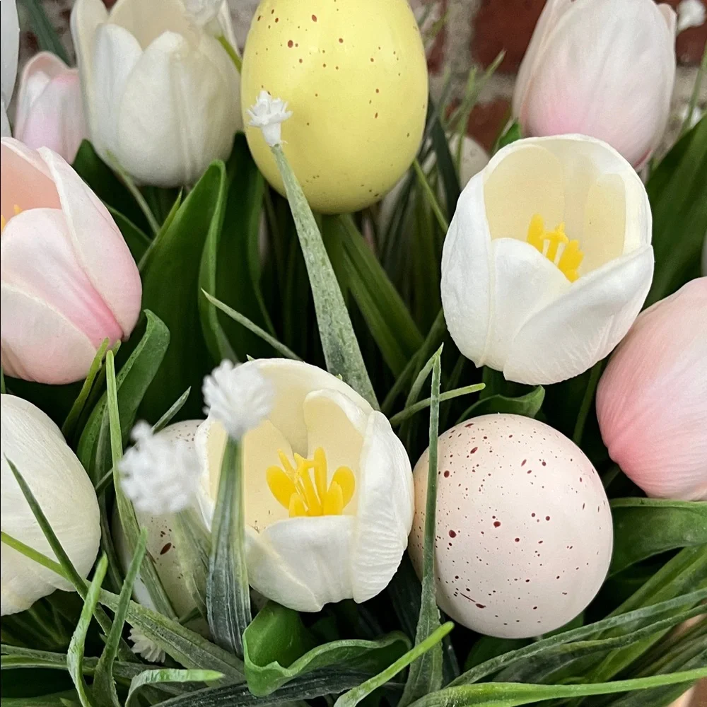 Nicole Miller White Basket Planter with Pink & White Tulips and Pastel Eggs